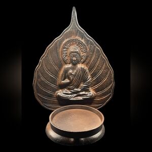 Buddha With Lotus Leaf Background Antiqued Metal Table Top Candle Holder